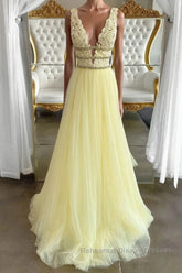 Yellow v neck tulle lace long Semi Formal Prom Dresses, yellow tulle lace evening Dresses